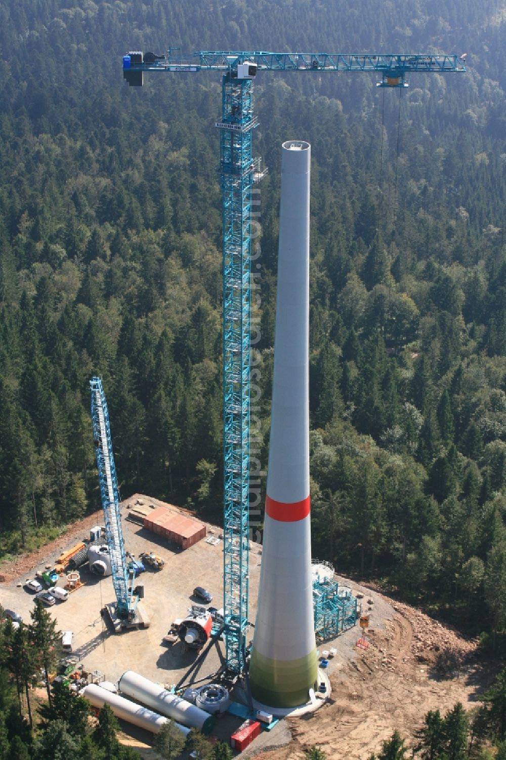 Gersbach from above - Construction site for wind turbine installation des Windkraftanlagenbauers Enercon GmbH on the mountain top of the Rohrenkopf in the Black Forest in Gersbach in the state Baden-Wuerttemberg