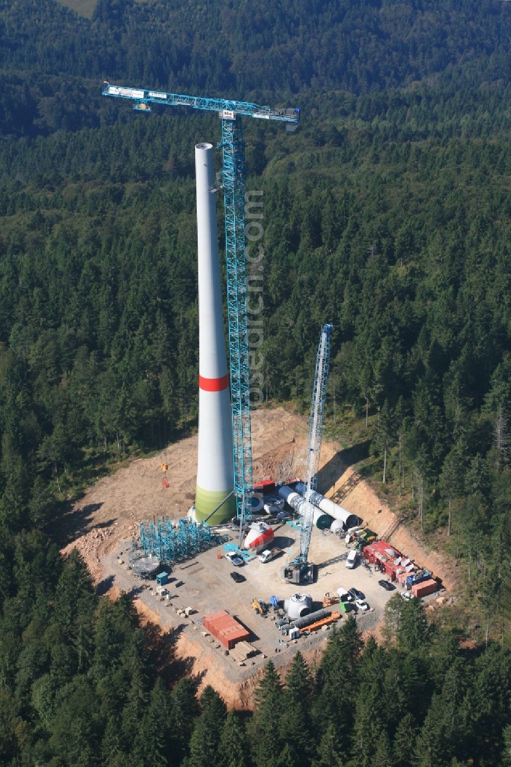 Aerial image Gersbach - Construction site for wind turbine installation des Windkraftanlagenbauers Enercon GmbH on the mountain top of the Rohrenkopf in the Black Forest in Gersbach in the state Baden-Wuerttemberg