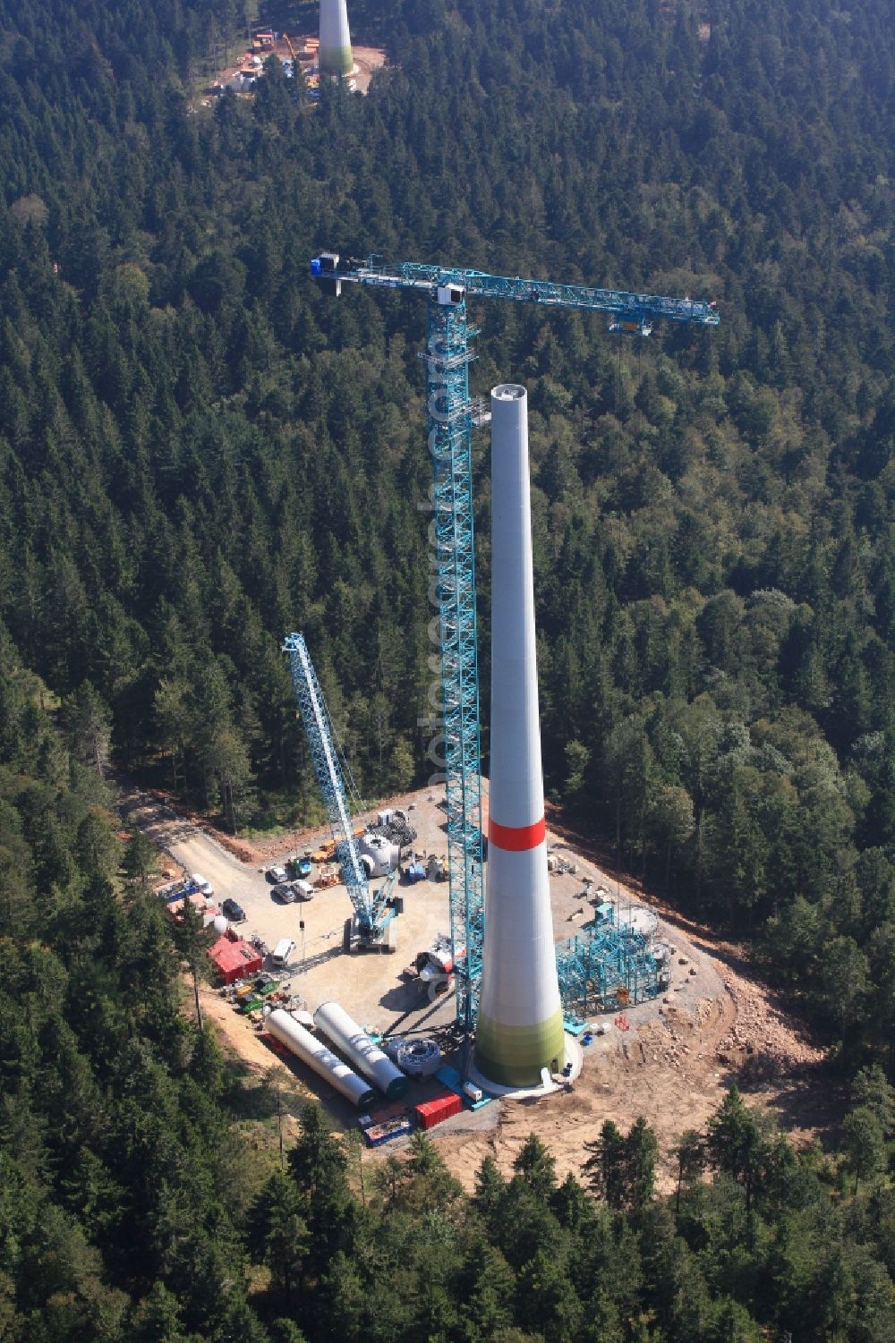 Aerial photograph Gersbach - Construction site for wind turbine installation des Windkraftanlagenbauers Enercon GmbH on the mountain top of the Rohrenkopf in the Black Forest in Gersbach in the state Baden-Wuerttemberg