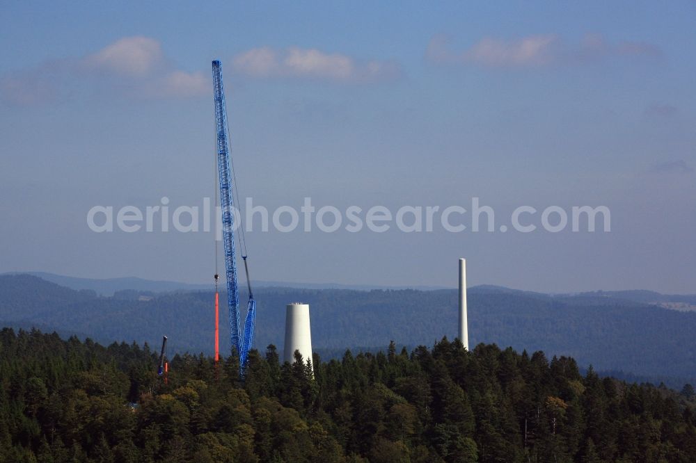 Gersbach from above - Construction site for wind turbine installation des Windkraftanlagenbauers Enercon GmbH on the mountain top of the Rohrenkopf in the Black Forest in Gersbach in the state Baden-Wuerttemberg