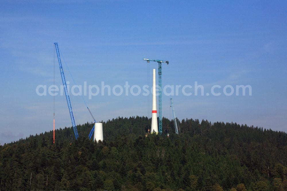 Gersbach from the bird's eye view: Construction site for wind turbine installation des Windkraftanlagenbauers Enercon GmbH on the mountain top of the Rohrenkopf in the Black Forest in Gersbach in the state Baden-Wuerttemberg