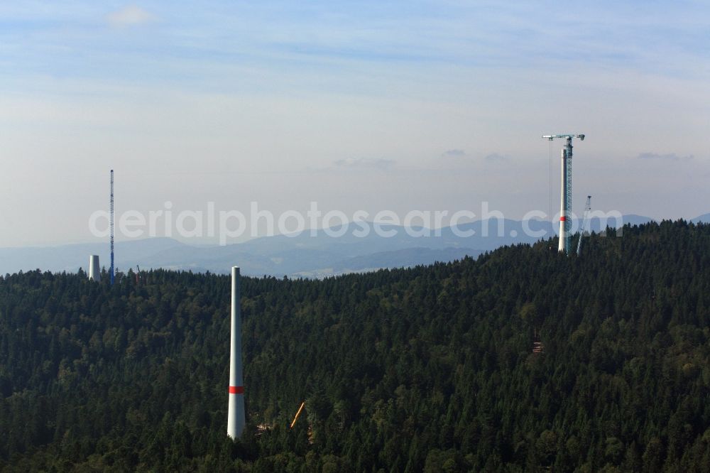 Aerial image Gersbach - Construction site for wind turbine installation des Windkraftanlagenbauers Enercon GmbH on the mountain top of the Rohrenkopf in the Black Forest in Gersbach in the state Baden-Wuerttemberg