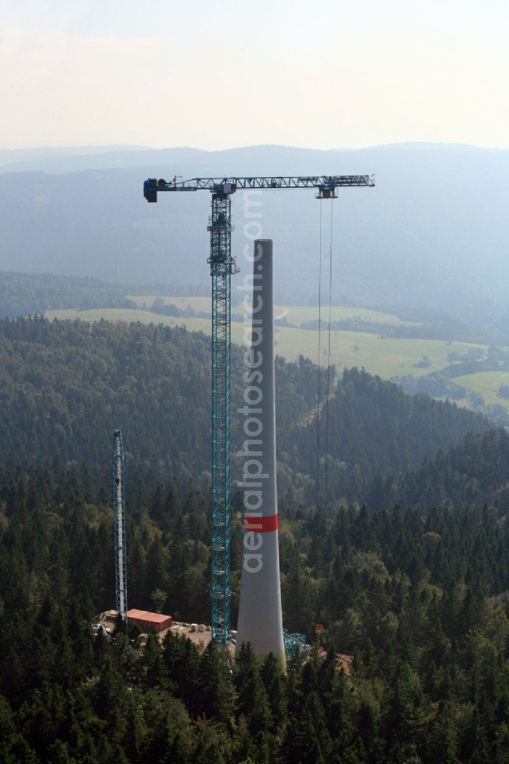 Aerial photograph Gersbach - Construction site for wind turbine installation des Windkraftanlagenbauers Enercon GmbH on the mountain top of the Rohrenkopf in the Black Forest in Gersbach in the state Baden-Wuerttemberg