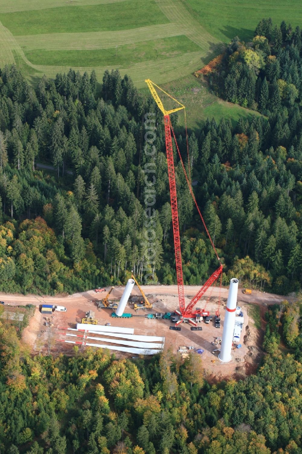 Aerial image Hasel - Construction site for wind turbine installation in Windpark Hasel in Hasel in the state Baden-Wuerttemberg, Germany