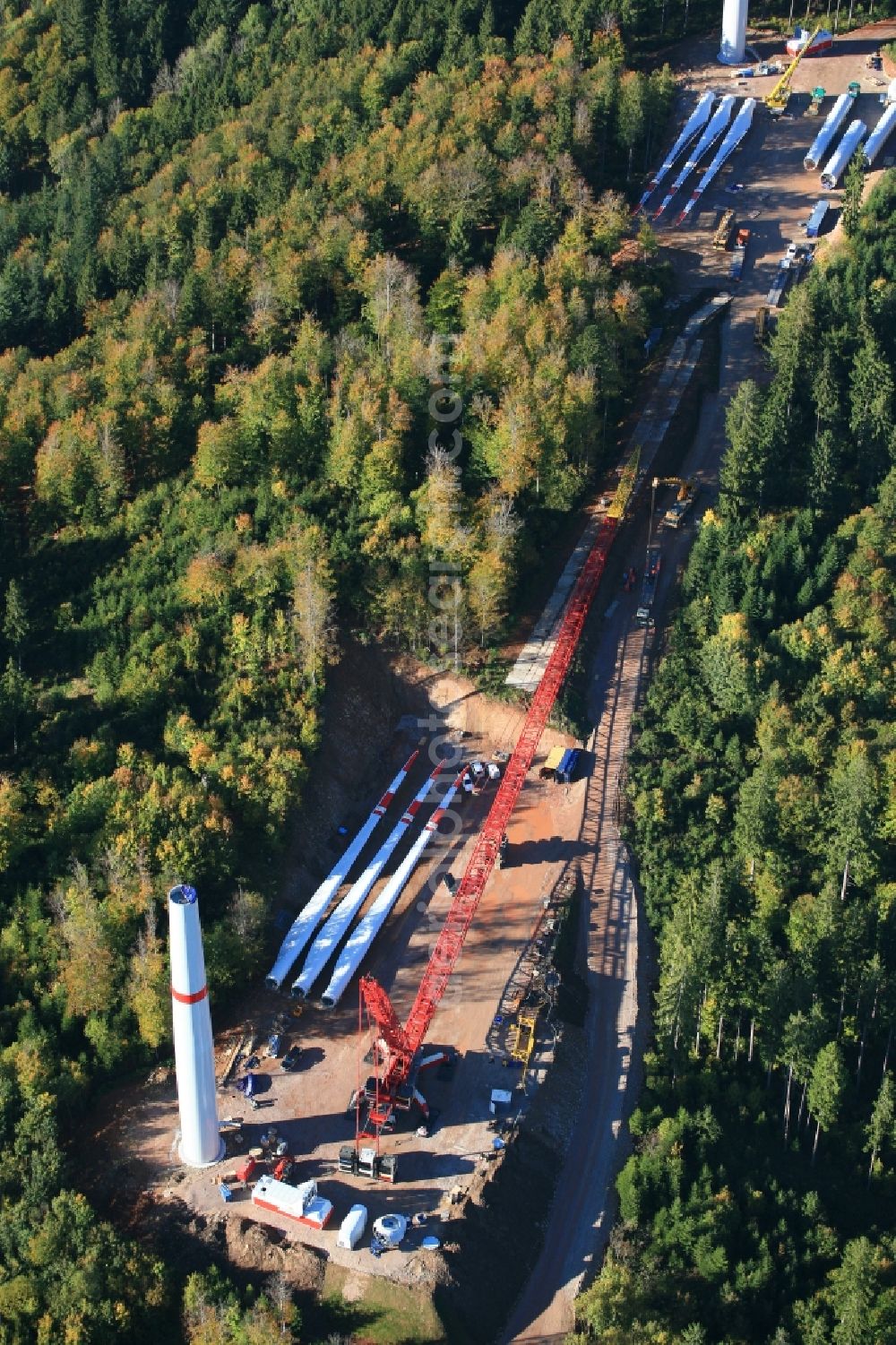 Aerial image Hasel - Construction site for wind turbine installation in Windpark Hasel in Hasel in the state Baden-Wuerttemberg, Germany