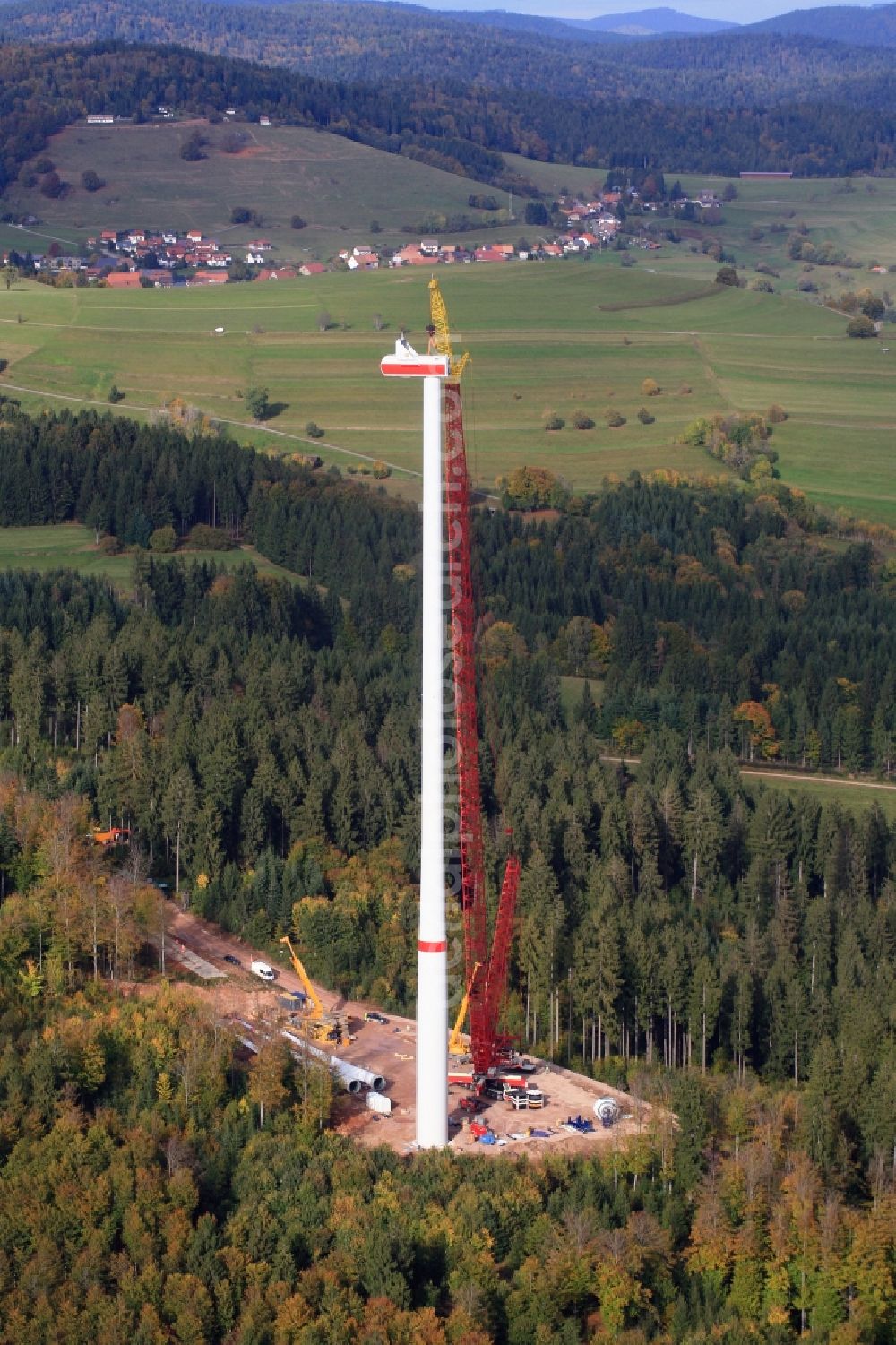 Hasel from above - Construction site for wind turbine installation in Windpark Hasel in Hasel in the state Baden-Wuerttemberg, Germany