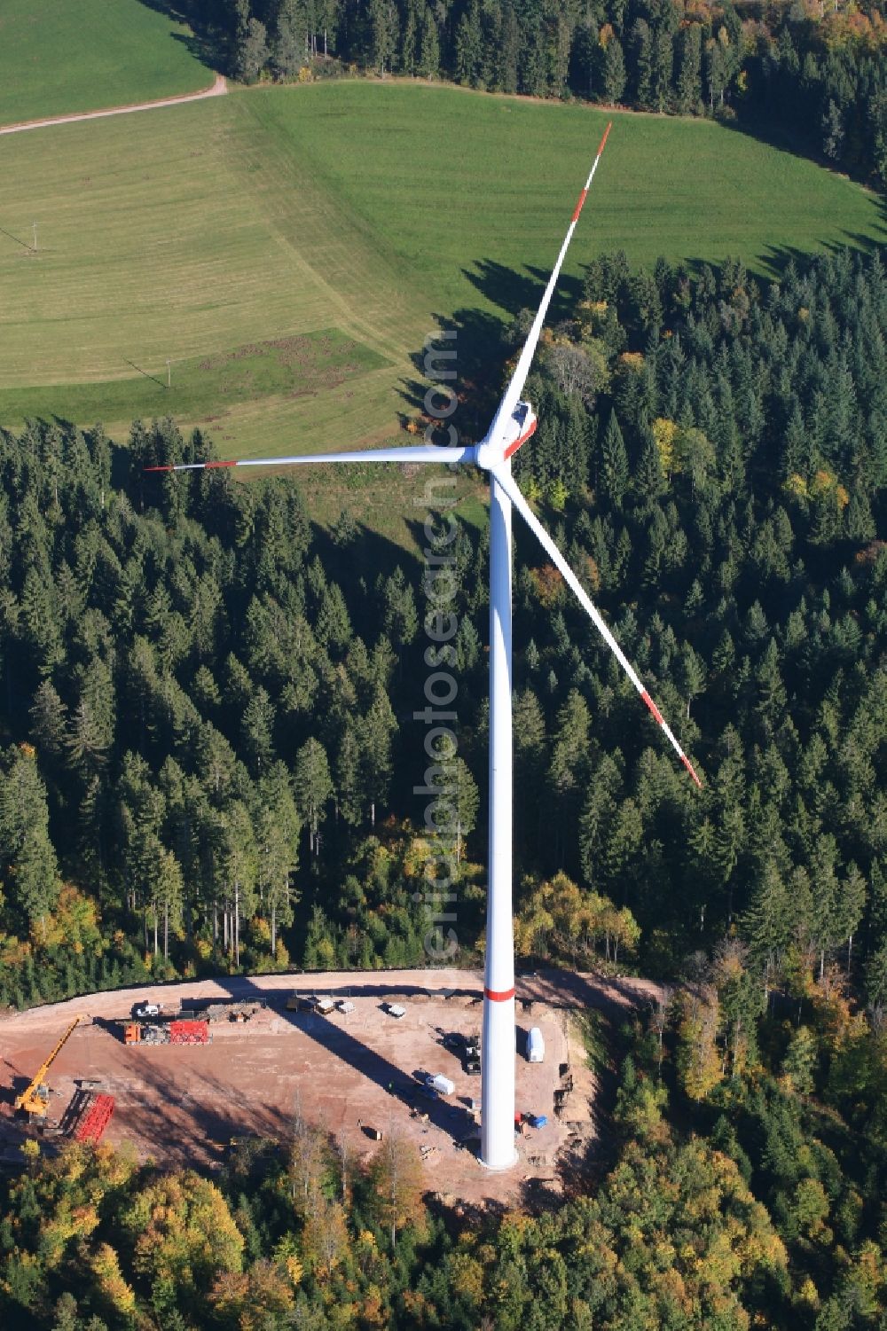 Hasel from above - Construction site for wind turbine installation in Windpark Glaserkopf in Hasel in the state Baden-Wuerttemberg, Germany