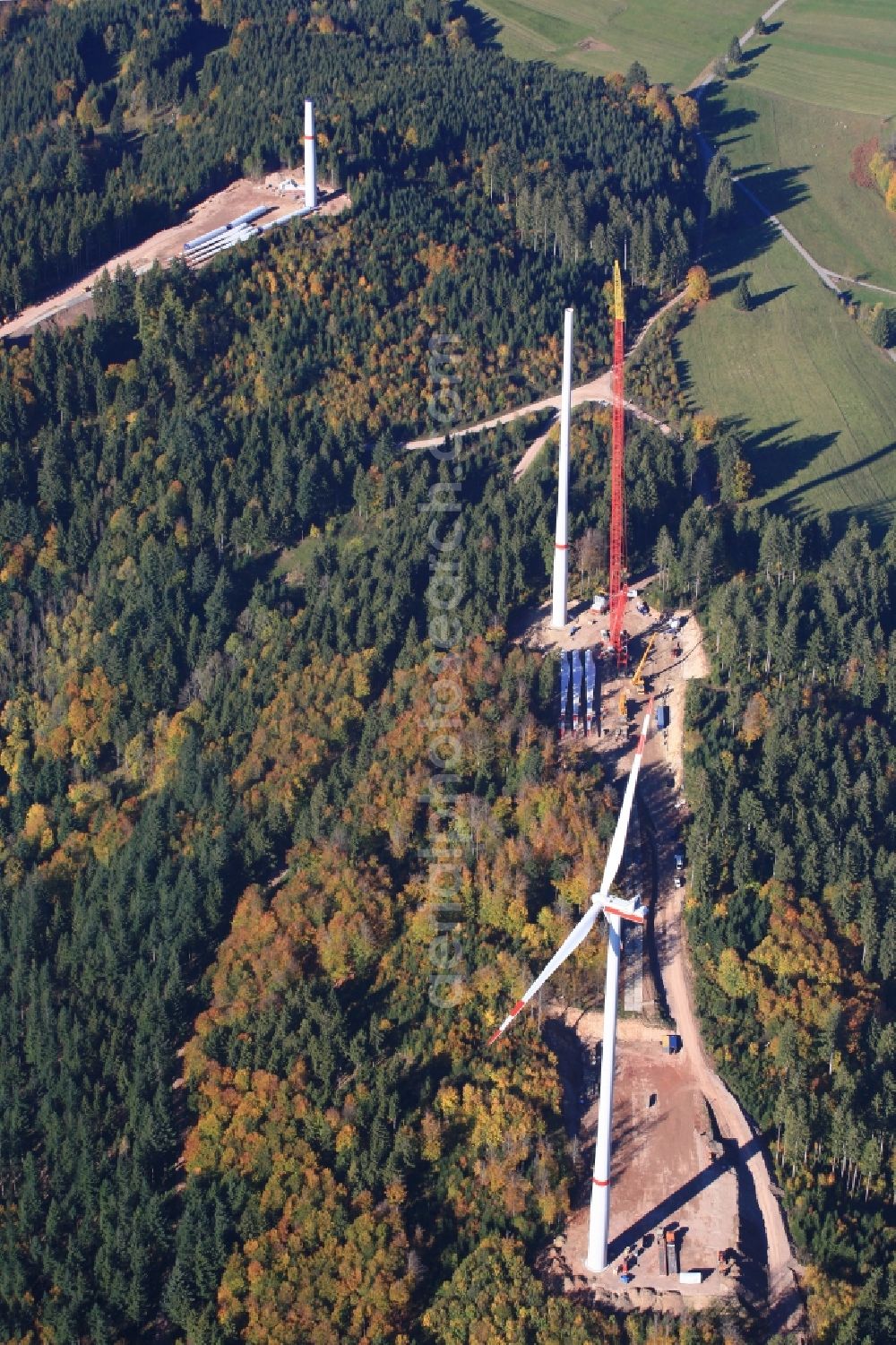 Hasel from above - Construction site for wind turbine installation in Windpark Glaserkopf in Hasel in the state Baden-Wuerttemberg, Germany