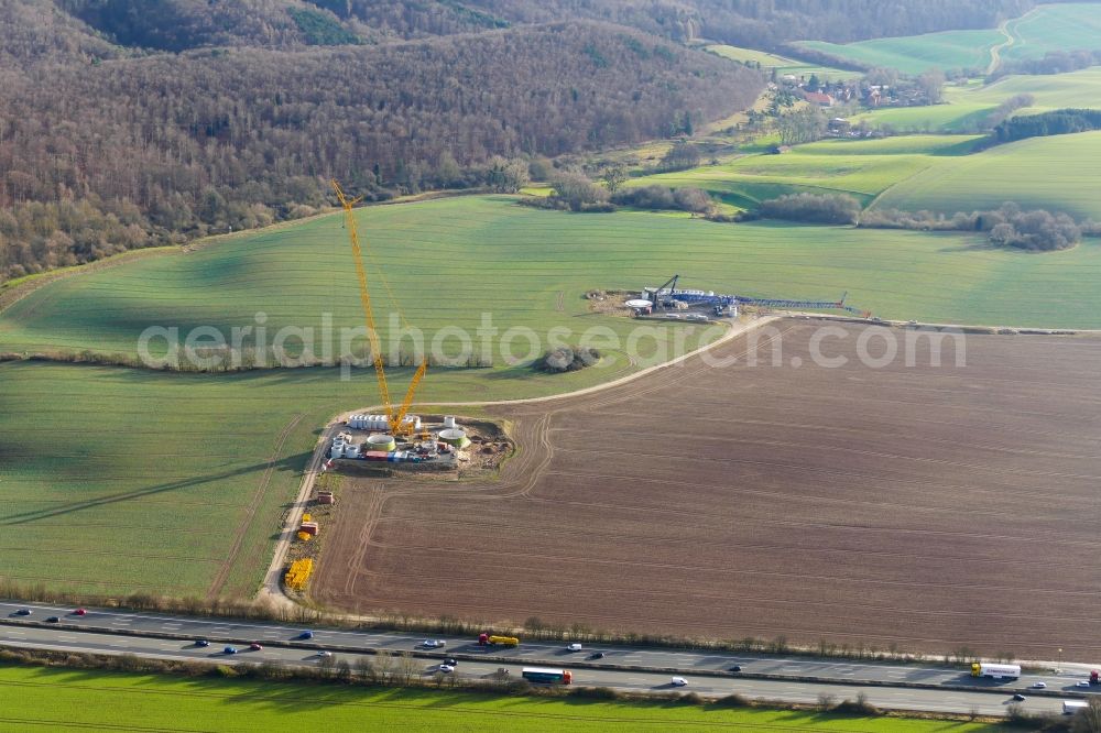 Witzenhausen from the bird's eye view: Construction site for wind turbine installation in Witzenhausen in the state Hesse, Germany