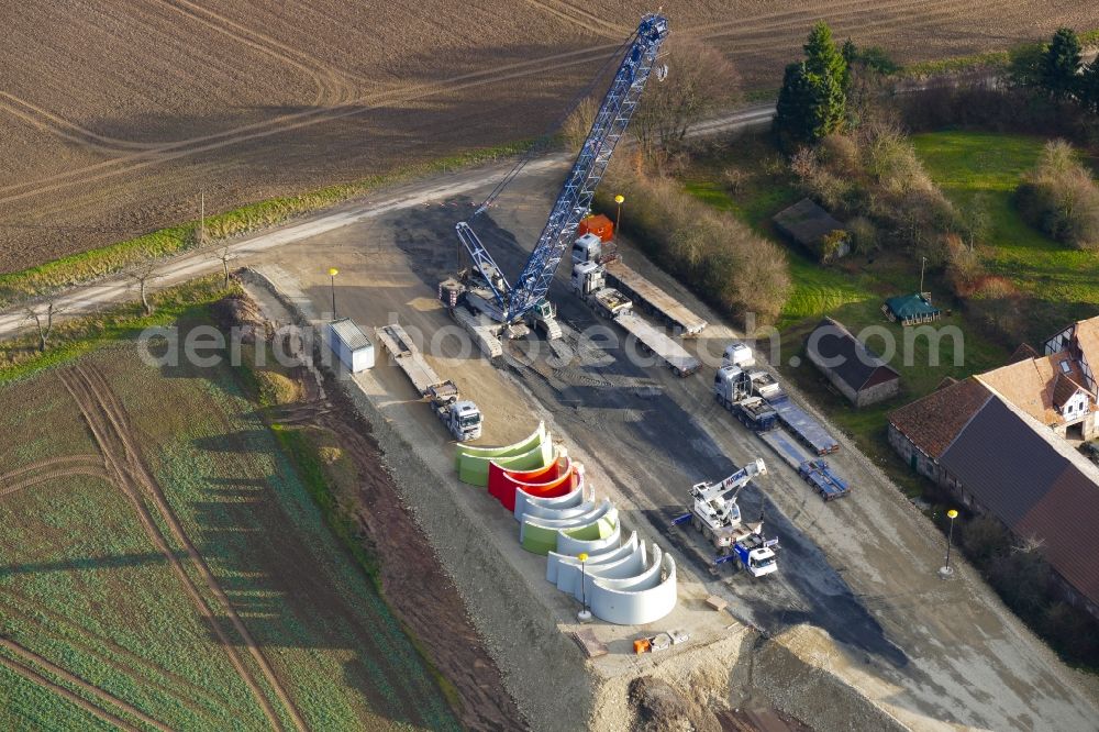 Aerial image Witzenhausen - Construction site for wind turbine installation in Witzenhausen in the state Hesse, Germany