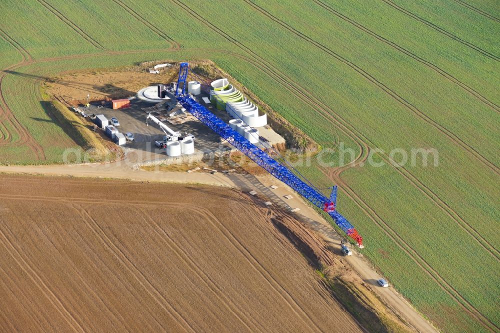 Aerial photograph Witzenhausen - Construction site for wind turbine installation in Witzenhausen in the state Hesse, Germany