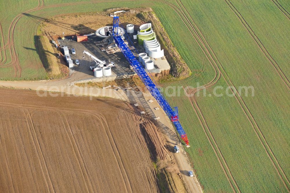 Witzenhausen from above - Construction site for wind turbine installation in Witzenhausen in the state Hesse, Germany