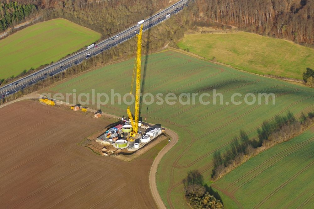 Witzenhausen from the bird's eye view: Construction site for wind turbine installation in Witzenhausen in the state Hesse, Germany