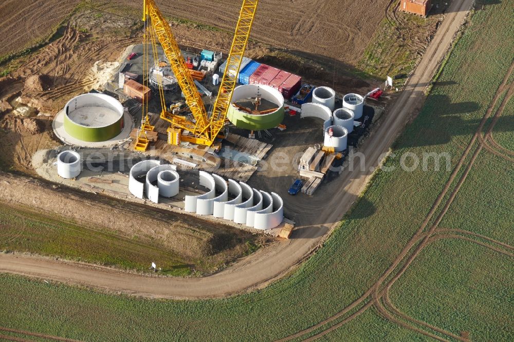 Aerial image Witzenhausen - Construction site for wind turbine installation in Witzenhausen in the state Hesse, Germany