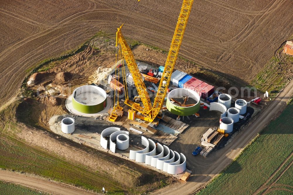 Aerial photograph Witzenhausen - Construction site for wind turbine installation in Witzenhausen in the state Hesse, Germany