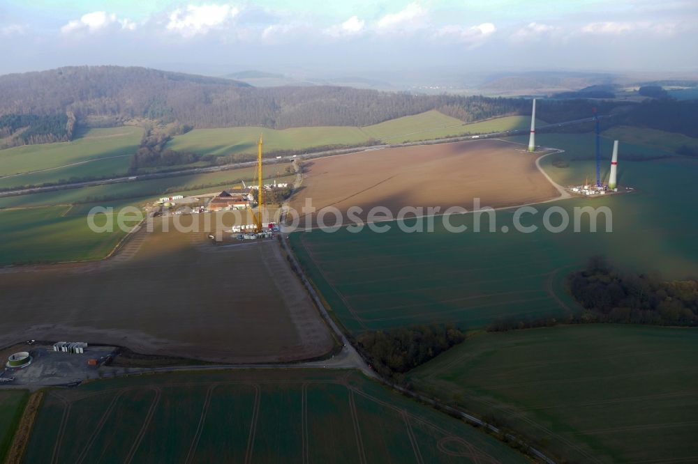 Aerial photograph Witzenhausen - Construction site for wind turbine installation in Witzenhausen in the state Hesse, Germany