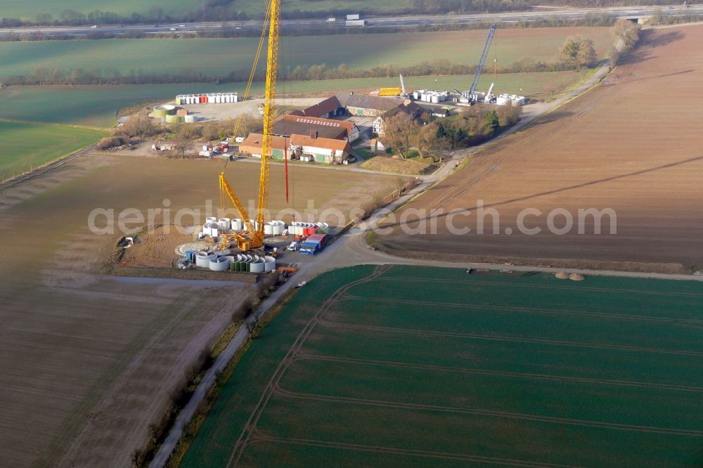 Witzenhausen from above - Construction site for wind turbine installation in Witzenhausen in the state Hesse, Germany