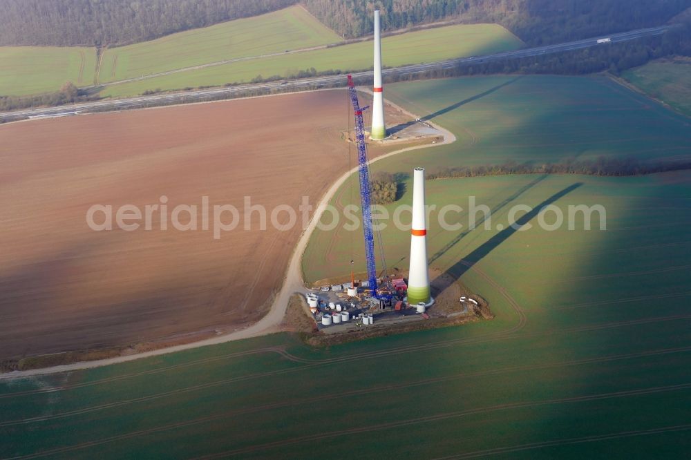 Witzenhausen from the bird's eye view: Construction site for wind turbine installation in Witzenhausen in the state Hesse, Germany