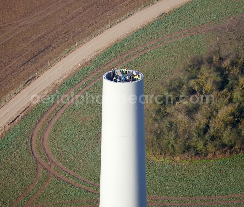 Aerial image Witzenhausen - Construction site for wind turbine installation in Witzenhausen in the state Hesse, Germany