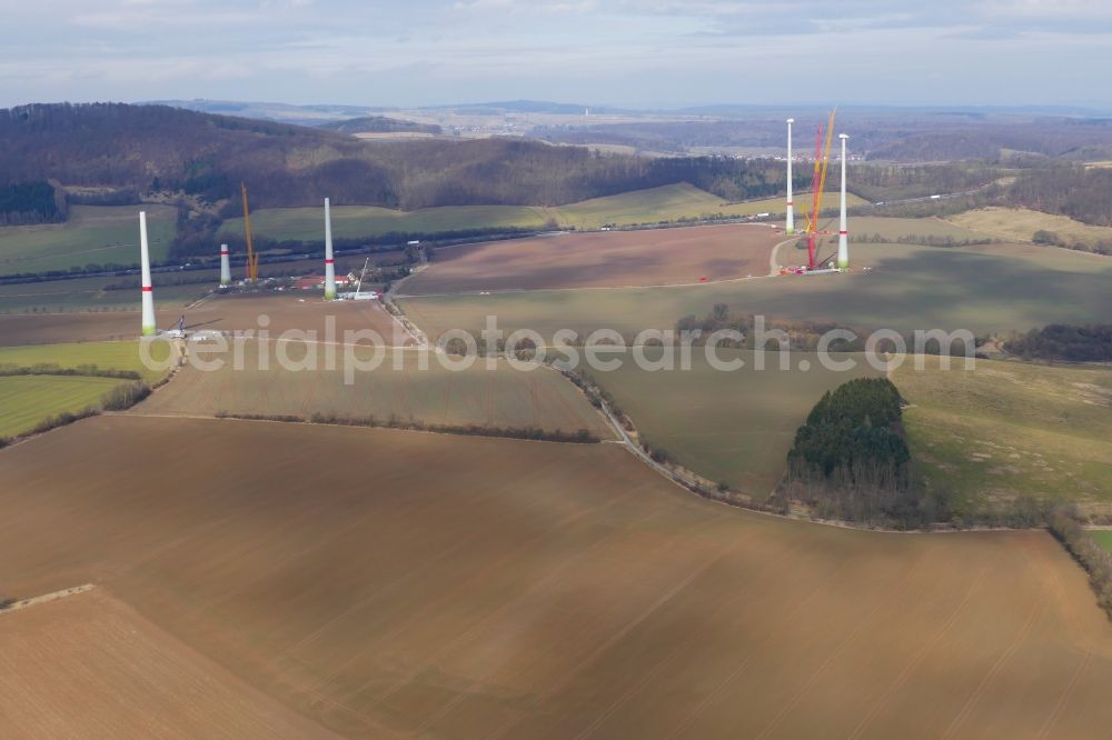 Aerial photograph Witzenhausen - Construction site for wind turbine installation in Witzenhausen in the state Hesse, Germany