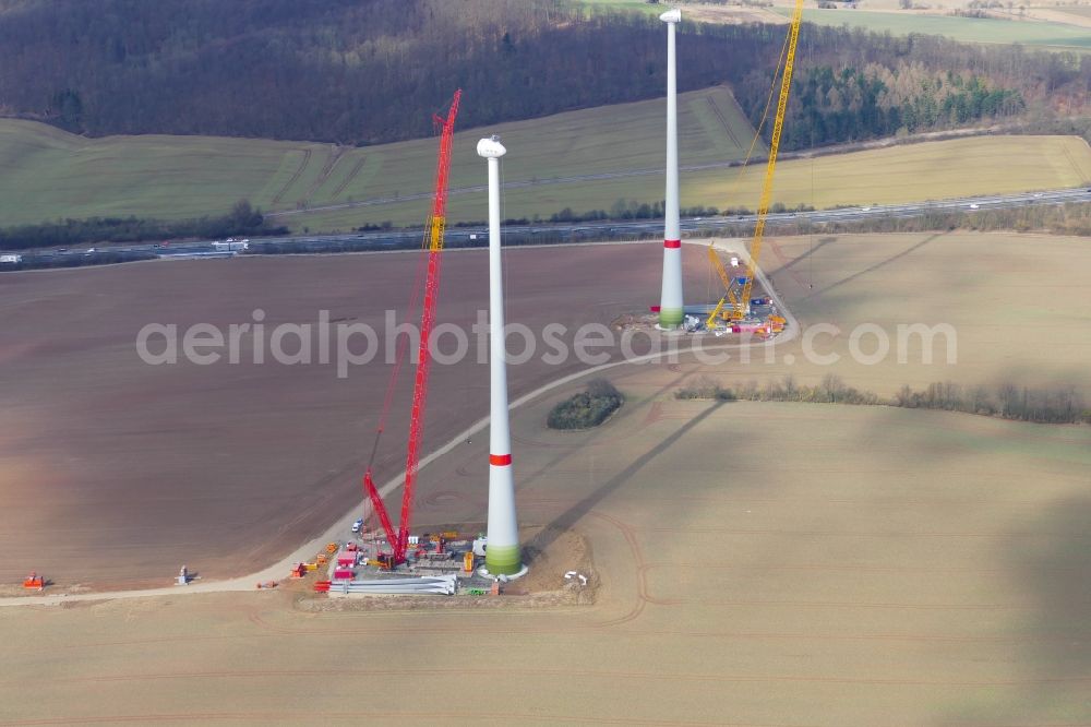 Witzenhausen from the bird's eye view: Construction site for wind turbine installation in Witzenhausen in the state Hesse, Germany