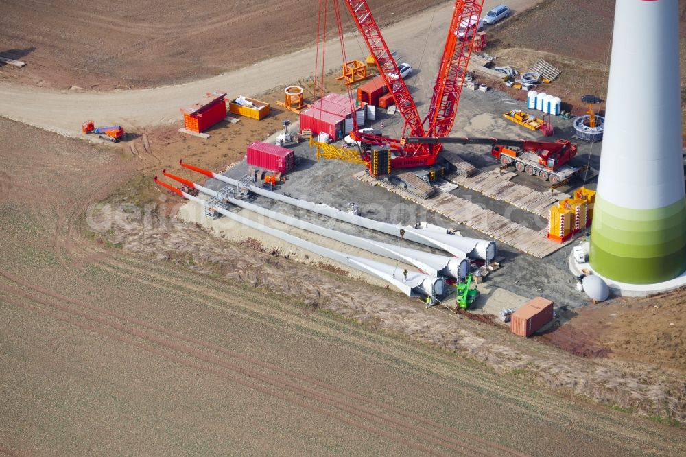 Aerial image Witzenhausen - Construction site for wind turbine installation in Witzenhausen in the state Hesse, Germany