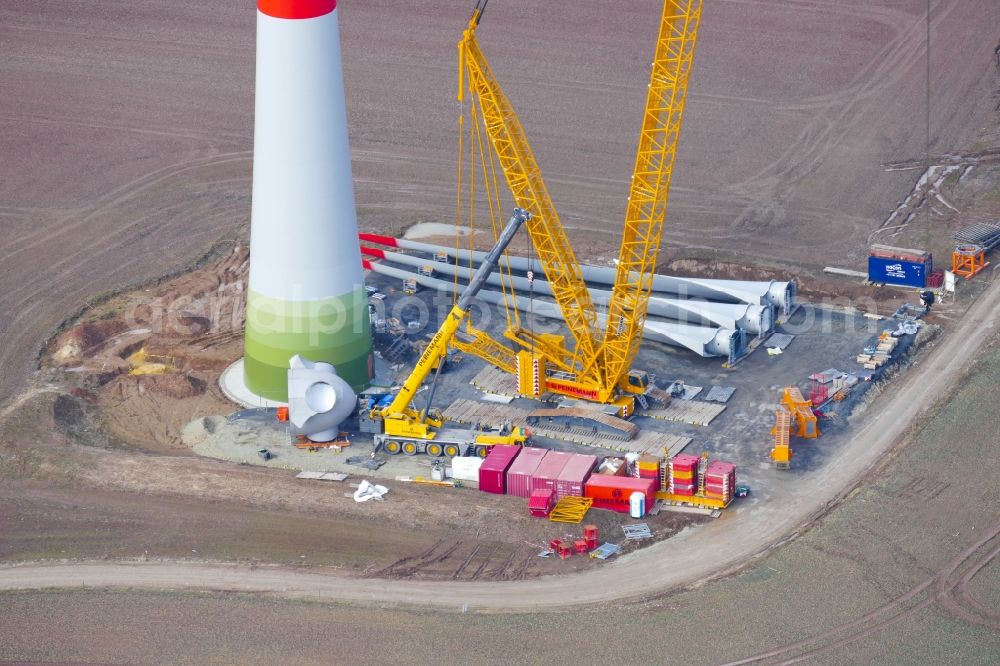 Aerial photograph Witzenhausen - Construction site for wind turbine installation in Witzenhausen in the state Hesse, Germany