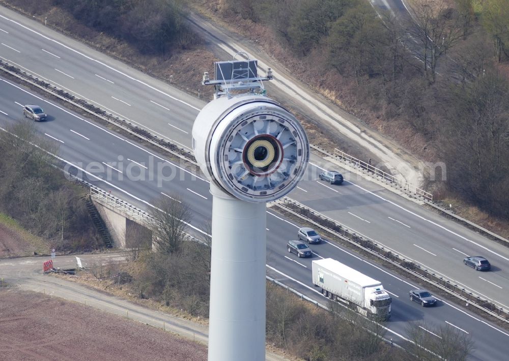 Witzenhausen from above - Construction site for wind turbine installation in Witzenhausen in the state Hesse, Germany