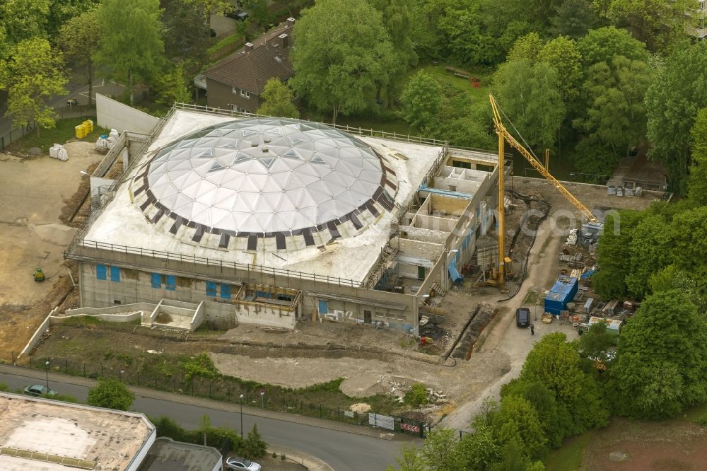 Essen OT Frohnhausen from above - Construction site for the new building of the Merkez Mosque in the former shoe storage at the train station in Essen Frohnhausen Hagenbeck