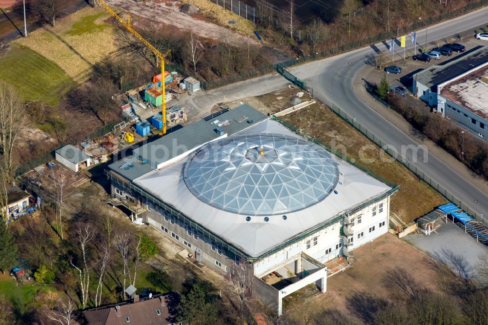 Essen from above - Construction site for the new building of the Merkez Mosque in the former shoe storage at the train station in Essen Frohnhausen Hagenbeck