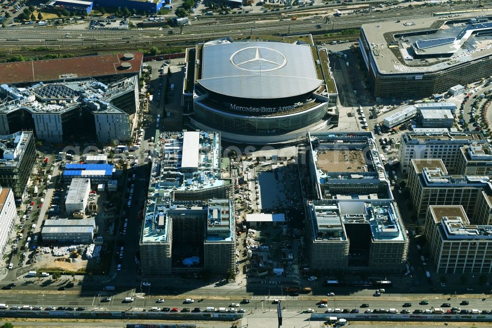 Aerial photograph Berlin - Construction sites for the new building on Anschutz- Areal along of Muehlenstrasse in the district Friedrichshain in Berlin, Germany