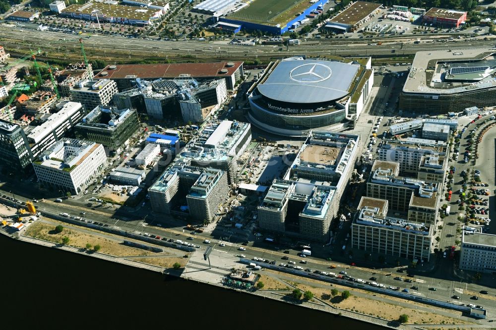 Aerial image Berlin - Construction sites for the new building on Anschutz- Areal along of Muehlenstrasse in the district Friedrichshain in Berlin, Germany