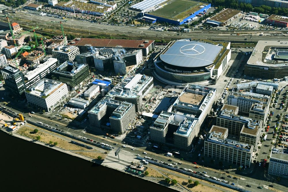 Aerial photograph Berlin - Construction sites for the new building on Anschutz- Areal along of Muehlenstrasse in the district Friedrichshain in Berlin, Germany