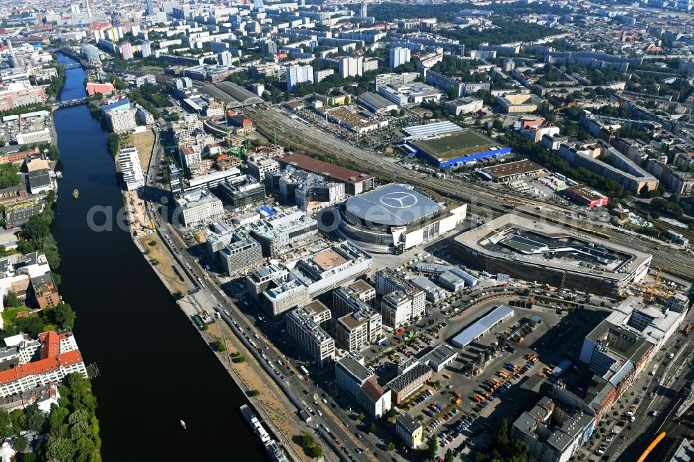 Berlin from above - Construction sites for the new building on Anschutz- Areal along of Muehlenstrasse in the district Friedrichshain in Berlin, Germany