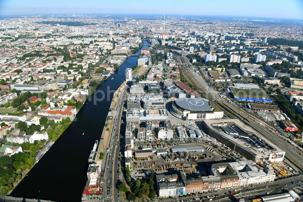 Aerial image Berlin - Construction sites for the new building on Anschutz- Areal along of Muehlenstrasse in the district Friedrichshain in Berlin, Germany