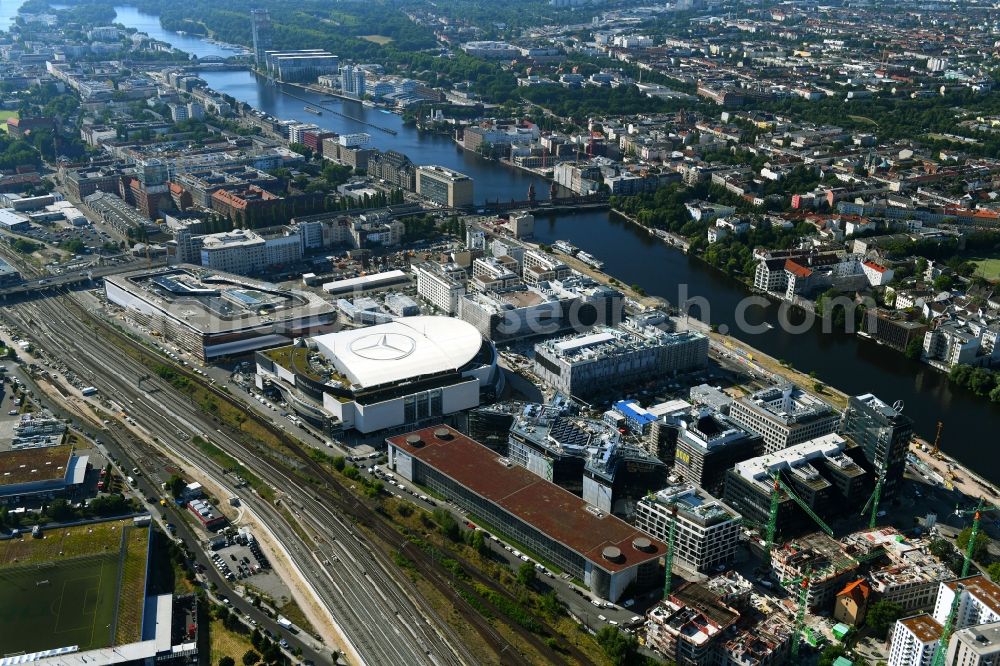 Berlin from above - Construction sites for the new building on Anschutz- Areal along of Muehlenstrasse in the district Friedrichshain in Berlin, Germany