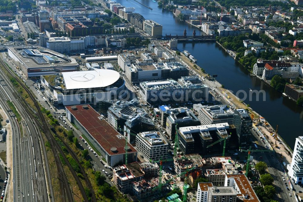 Aerial image Berlin - Construction sites for the new building on Anschutz- Areal along of Muehlenstrasse in the district Friedrichshain in Berlin, Germany