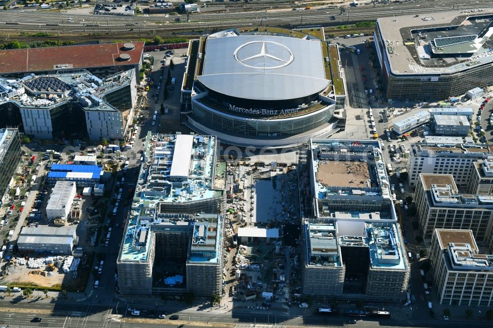 Aerial photograph Berlin - Construction sites for the new building on Anschutz- Areal along of Muehlenstrasse in the district Friedrichshain in Berlin, Germany