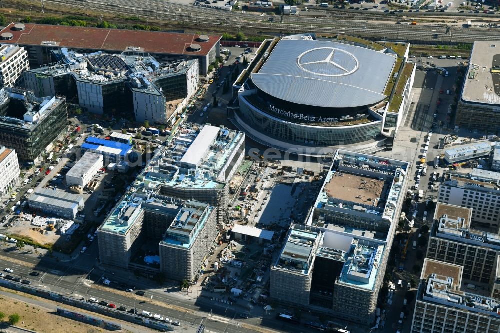 Berlin from above - Construction sites for the new building on Anschutz- Areal along of Muehlenstrasse in the district Friedrichshain in Berlin, Germany