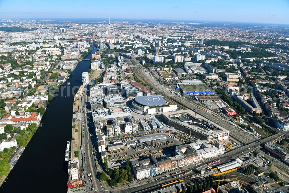 Aerial image Berlin - Construction sites for the new building on Anschutz- Areal along of Muehlenstrasse in the district Friedrichshain in Berlin, Germany