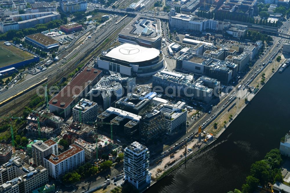 Berlin from above - Construction sites for the new building on Anschutz- Areal along of Muehlenstrasse in the district Friedrichshain in Berlin, Germany