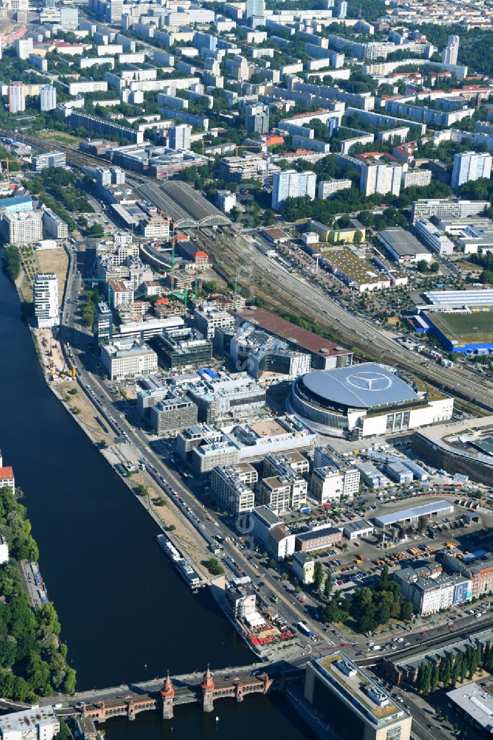 Berlin from above - Construction sites for the new building on Anschutz- Areal along of Muehlenstrasse in the district Friedrichshain in Berlin, Germany