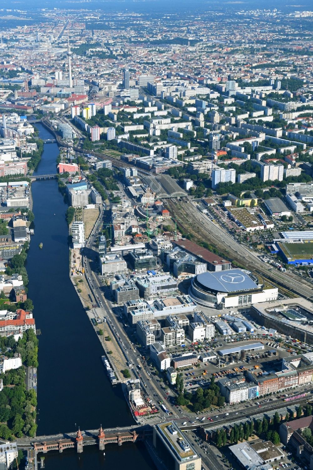 Aerial image Berlin - Construction sites for the new building on Anschutz- Areal along of Muehlenstrasse in the district Friedrichshain in Berlin, Germany