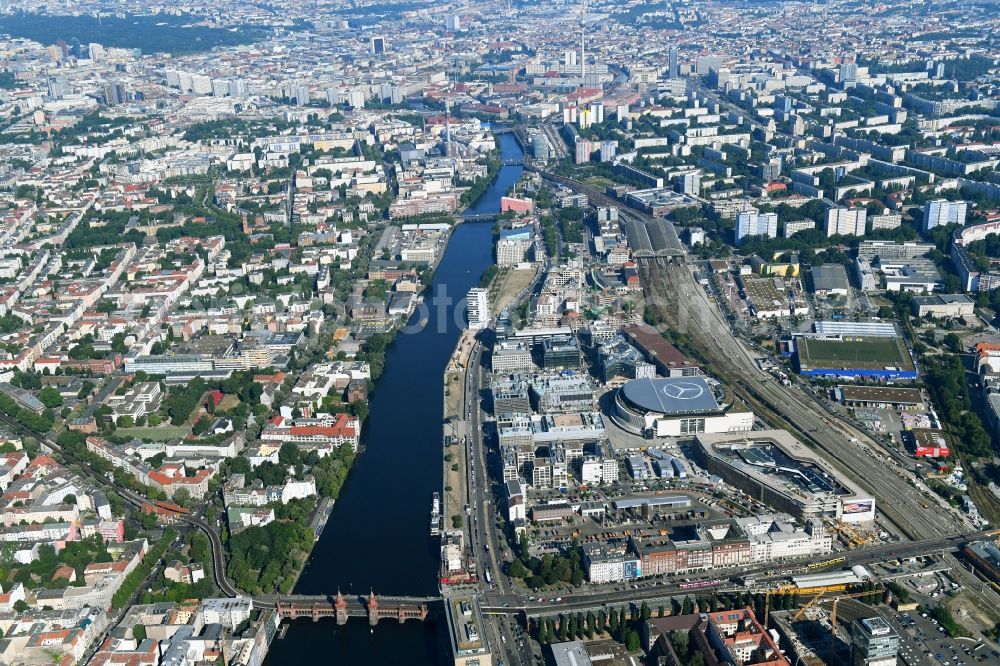 Berlin from above - Construction sites for the new building on Anschutz- Areal along of Muehlenstrasse in the district Friedrichshain in Berlin, Germany