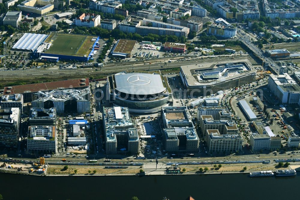 Berlin from above - Construction sites for the new building on Anschutz- Areal along of Muehlenstrasse in the district Friedrichshain in Berlin, Germany