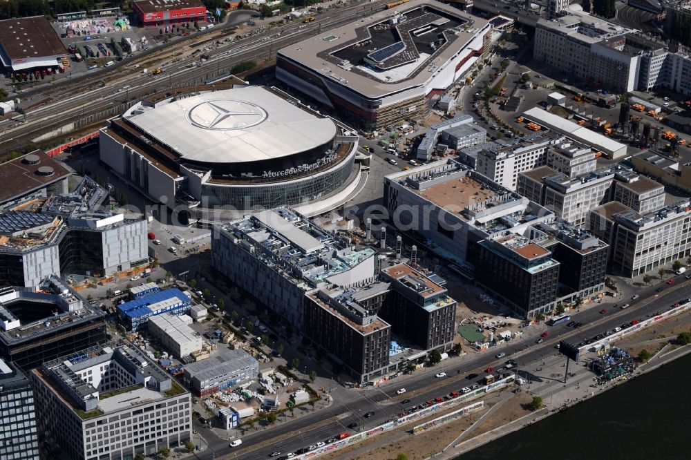 Aerial image Berlin - Construction sites for the new building on Anschutz- Areal along of Muehlenstrasse in the district Friedrichshain in Berlin, Germany