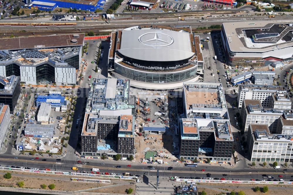 Aerial photograph Berlin - Construction sites for the new building on Anschutz- Areal along of Muehlenstrasse in the district Friedrichshain in Berlin, Germany