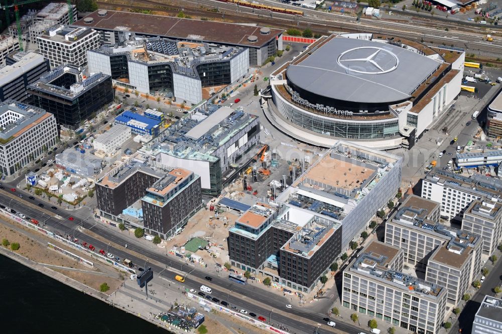 Aerial image Berlin - Construction sites for the new building on Anschutz- Areal along of Muehlenstrasse in the district Friedrichshain in Berlin, Germany