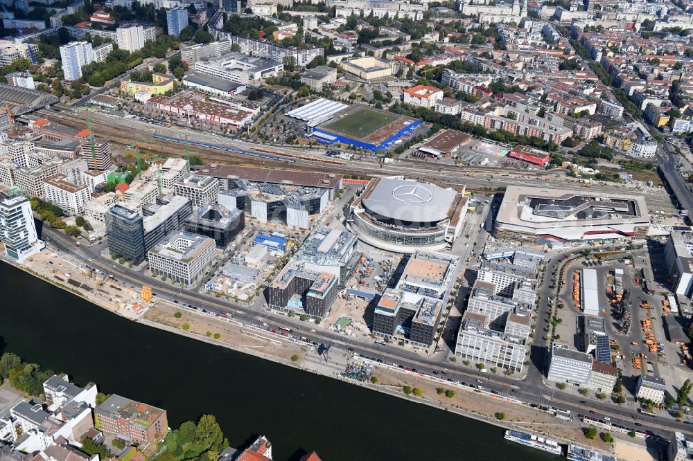 Berlin from above - Construction sites for the new building on Anschutz- Areal along of Muehlenstrasse in the district Friedrichshain in Berlin, Germany