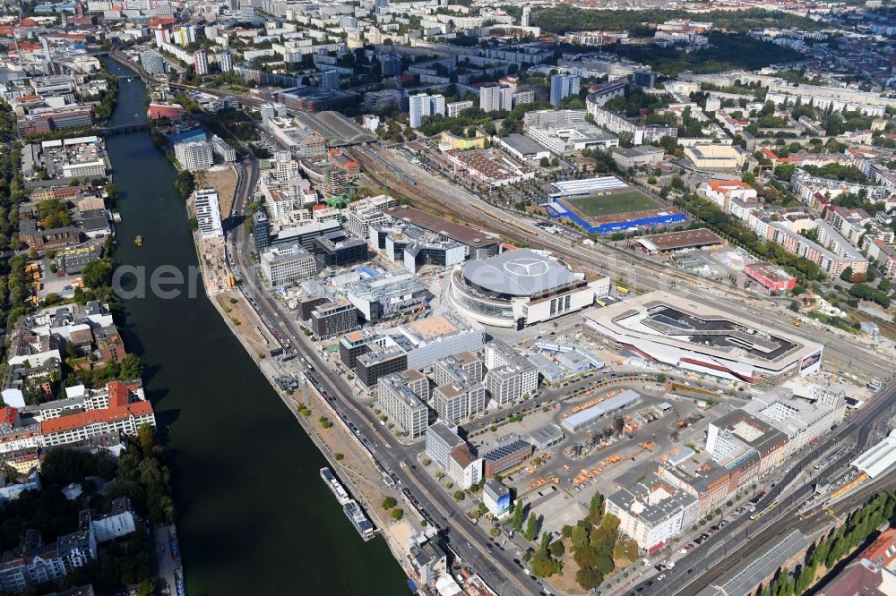 Aerial image Berlin - Construction sites for the new building on Anschutz- Areal along of Muehlenstrasse in the district Friedrichshain in Berlin, Germany